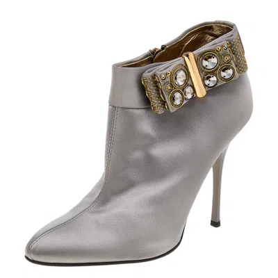 Roberto Cavalli Grey Satin Bow Embellished Ankle Length Boots In Gray
