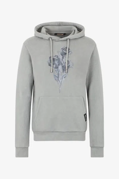 Roberto Cavalli Grey Sweatshirt With Printed Roses In Gray