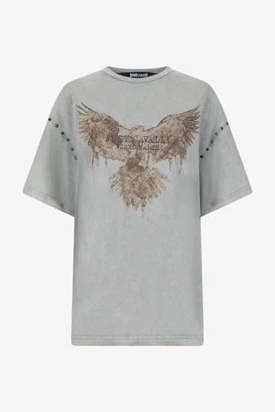 Roberto Cavalli Grey T-shirt With Eagle Print And Studs In Gray