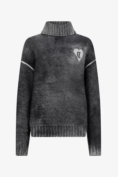Roberto Cavalli Grey Turtleneck Sweater With Heart Logo In Black