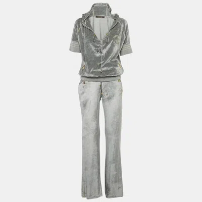 Pre-owned Roberto Cavalli Grey Velvet Hooded Sweatshirt & Sweatpants L In Gray