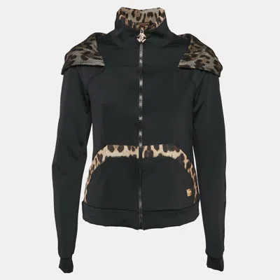 Pre-owned Roberto Cavalli Gym Black Jersey Animal Print Trim Hooded Jacket M