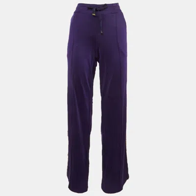 Pre-owned Roberto Cavalli Gym Purple Crepe Side Sequin Trim Trousers L
