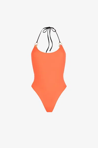 Roberto Cavalli Halterneck Tie-fastening Swimsuit In Orange