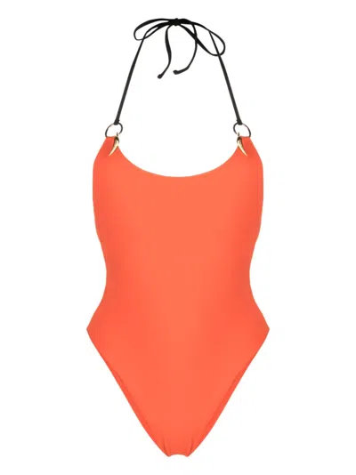 Roberto Cavalli Halterneck Tie-fastening Swimsuit In Orange