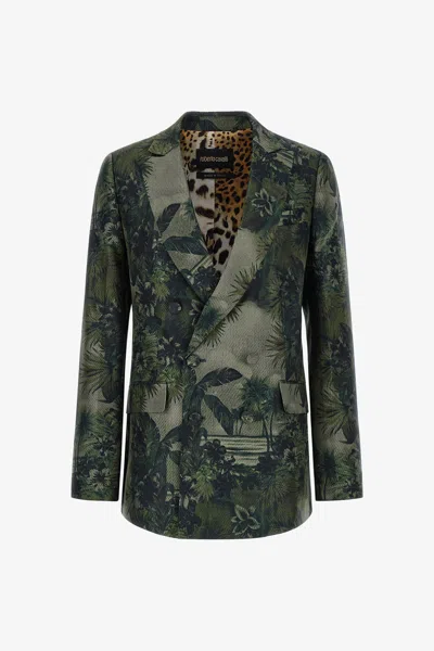 Roberto Cavalli Hawaii Green Print Blazer In Dark Green