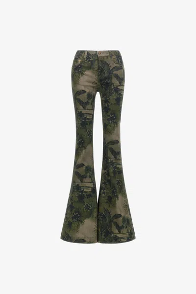 Roberto Cavalli Hawaii Green Printed Jeans In Dark Green