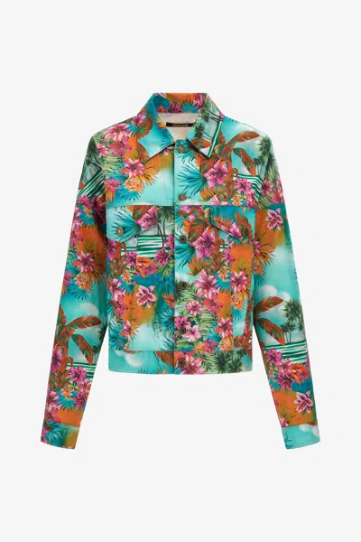 Roberto Cavalli Hawaii Print Denim Jacket In Light Blue