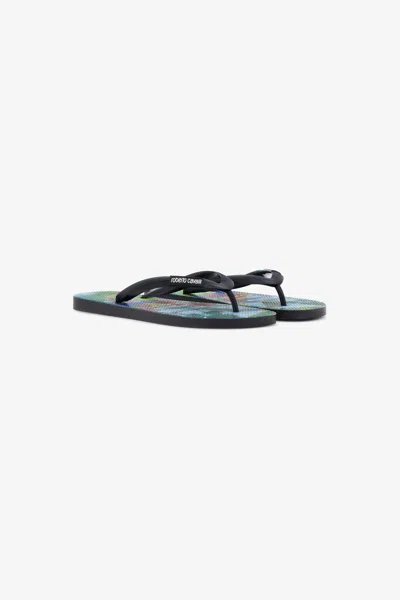 Roberto Cavalli Hawaii Print Rubber Flip-flops In Light Blue