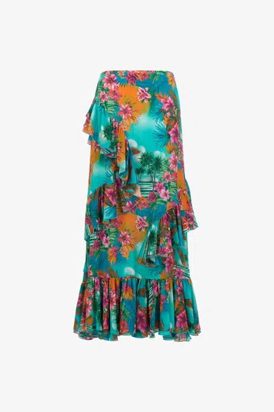 Roberto Cavalli Hawaii Print Skirt In Light Blue