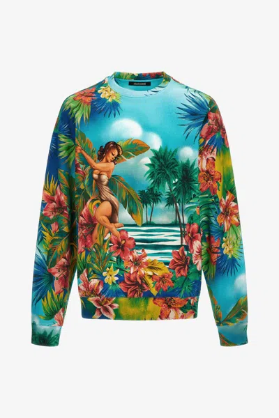 Roberto Cavalli Hawaii Print Sweatshirt In Light Blue