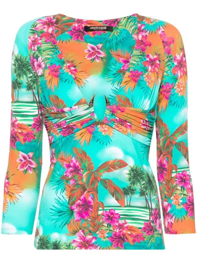 Roberto Cavalli Hawaii-print V-neck Top In Green