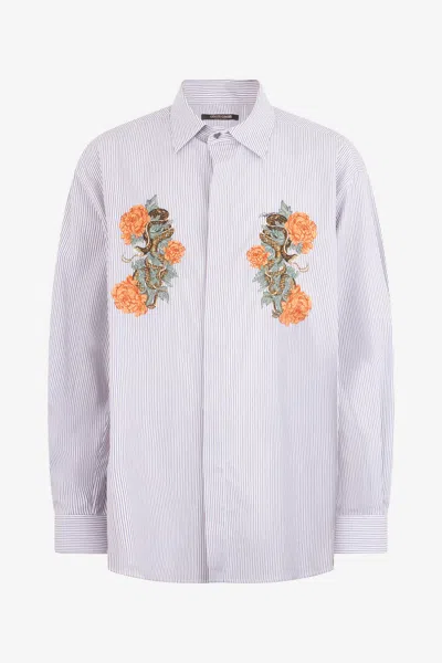 Roberto Cavalli Hellblaues Hemd Mit Gestickten Schlangen Und Blumen In Blue