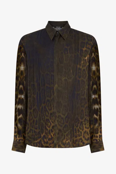 Roberto Cavalli Leopard-print Long-sleeve Shirt In Brown
