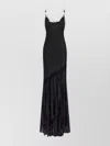 Roberto Cavalli Hemline Asymétrique Crinkled Texture Floor-length Lace Trim In Black