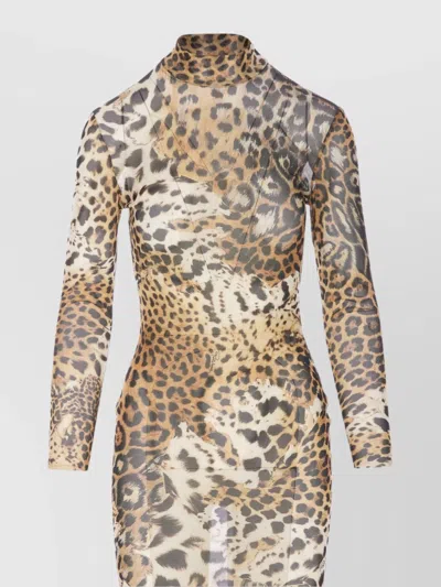Roberto Cavalli High Neck Leopard Print Dress In Animal Print