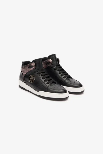 Roberto Cavalli High-top Sneakers With Laminated Insert In Black/bordeaux/cdf