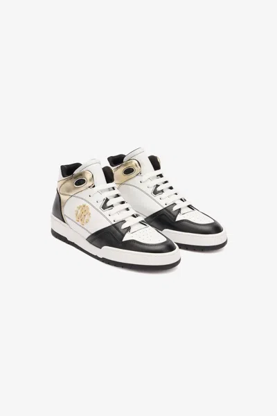 Roberto Cavalli High-top Sneakers With Laminated Insert In Black/white/platinum