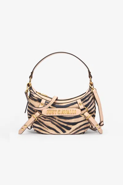 Roberto Cavalli Hobo Bag With Tiger Skin Print And Logo In Brown
