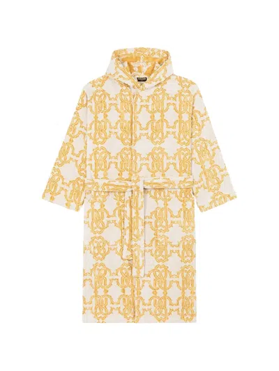Roberto Cavalli Home Monogram-print Hooded Bath Robe In Yellow