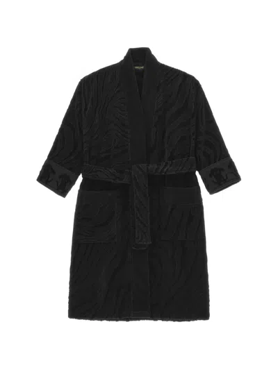 Roberto Cavalli Home Zebra-pattern Rhinestone-detail Bathrobe In Black