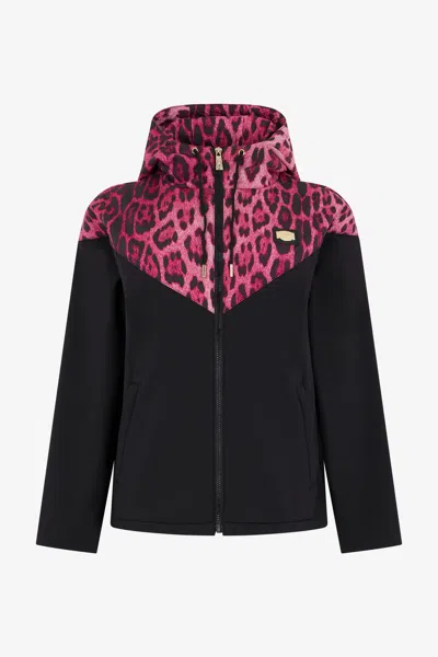 Roberto Cavalli Hooded Bomber Jacket In Leopard Print In Black