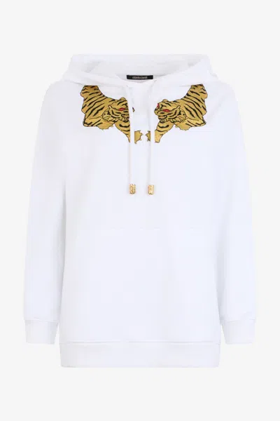 Roberto Cavalli Sweatshirt Hoodie With Tiger Embroidery In White