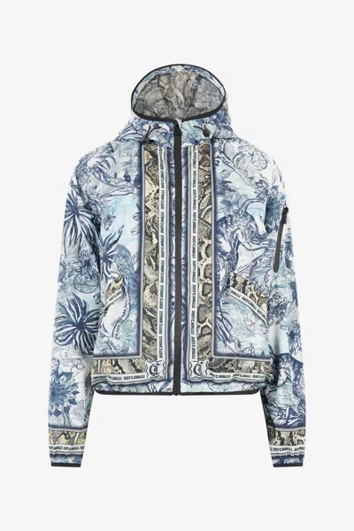 Roberto Cavalli Hoodie With Jungle Print In Light Blue