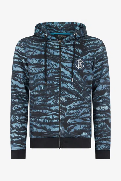 Roberto Cavalli Hoodie With Tiger Skin Print In Blue