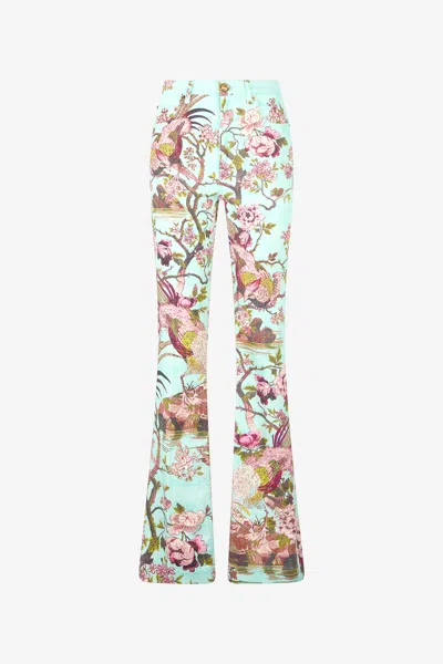 Roberto Cavalli Pants With Oriental Bird Print In Multi