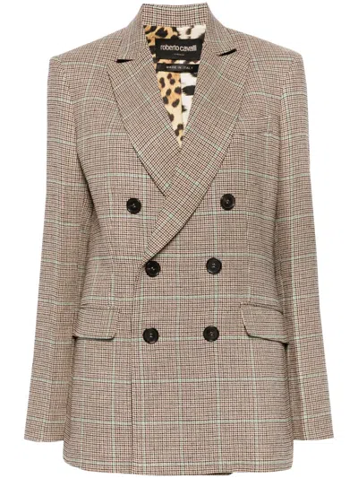 Roberto Cavalli Houndstooth Double-breasted Blazer In Neutrals