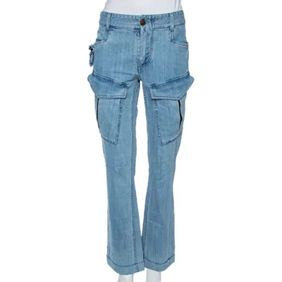 Roberto Cavalli Indigo Light Wash Denim Cargo Jeans In Animal Print
