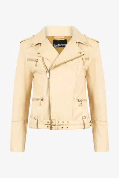 Roberto Cavalli Jacket With Studded Logo In Light Brown