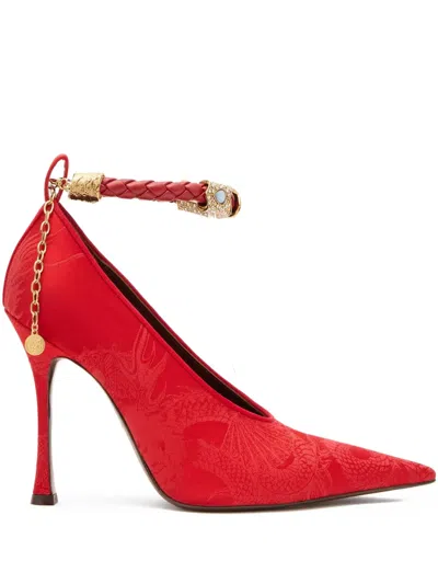 Roberto Cavalli Jacquard-motif Jewel-strap Pumps In Red
