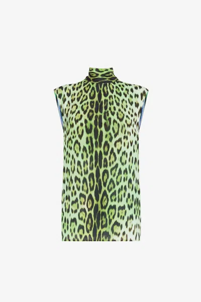 Roberto Cavalli Jaguar And Exotic Stripe-print Top In Light Green