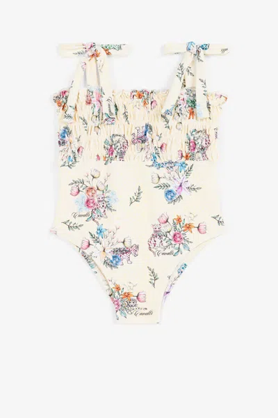 Roberto Cavalli Kids' Jaguar And Flower-print Swimsuit In Yellow