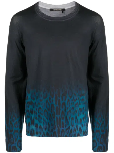 Roberto Cavalli Jaguar Degrade Print Wool Jumper In Blue