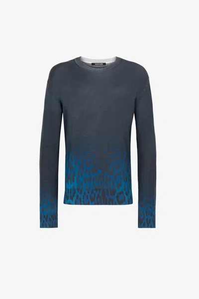 Roberto Cavalli Jaguar Degrade Print Wool Jumper In Dark Blue