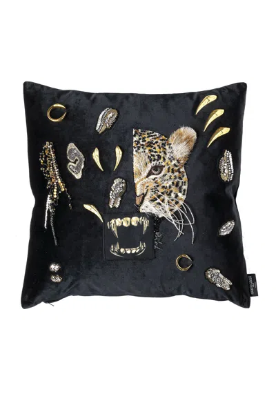 Roberto Cavalli Jaguar Head-appliqué Velvet Cushion In Black