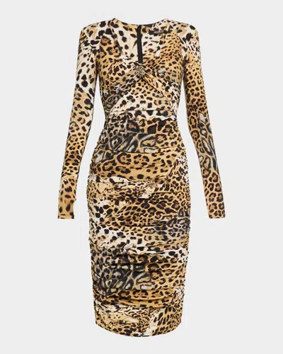 Roberto Cavalli Jaguar Skin-print Ruched Dress In Neutrals