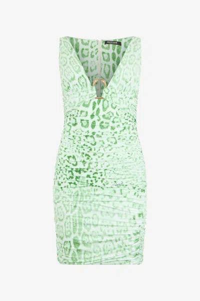 Roberto Cavalli Jaguar Mint Print Dress Mini In Animal Print