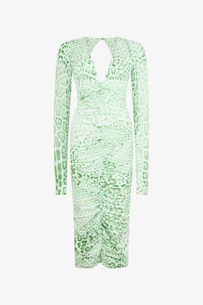 Roberto Cavalli Jaguar Mint Print Midi Dress In Green