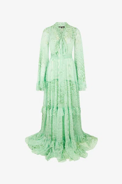 Roberto Cavalli Jaguar Mint Print Silk Dress In Green