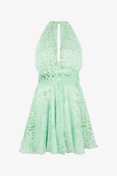 Roberto Cavalli Jaguar Mint Print Silk Mini Dress In Green