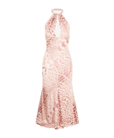 Roberto Cavalli Jaguar Pink Print Midi Dress In Multi