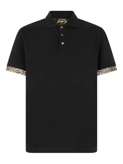 Roberto Cavalli Jaguar-print Cuff Polo Shirt In Black