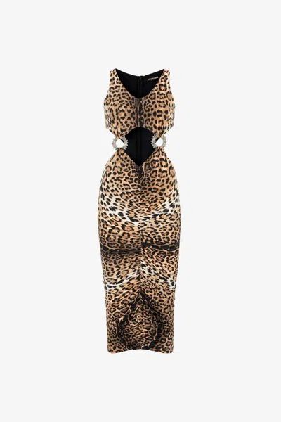 Roberto Cavalli Jaguar-print Cut-out Dress In Light Brown