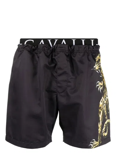 Roberto Cavalli Jaguar Print Logo-waistband Swim Shorts In Schwarz