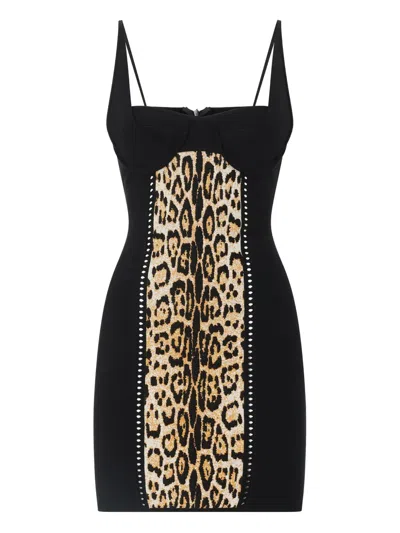 Roberto Cavalli Jaguar-print Panelled Mini Dress In Brown