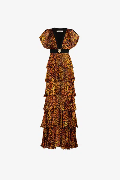 Roberto Cavalli Jaguar-print Pleated Silk Maxi Dress In Orange